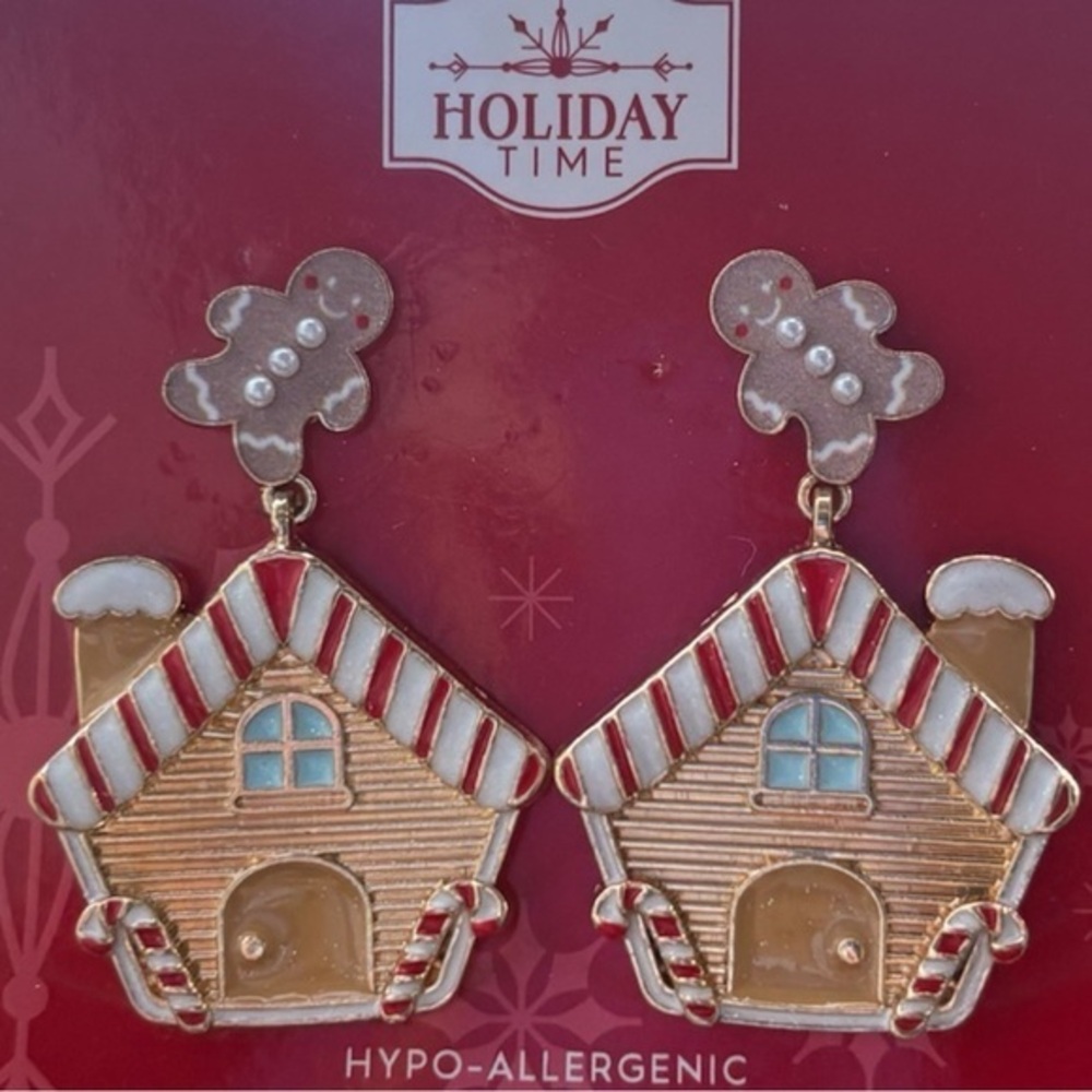 3/$25 Holiday Time Festive Gingerbread House Earrings